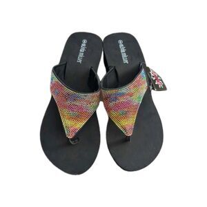 Olivia Miller Women's Rainbow Rhinestone Sparkle Sandals Wedge Thongs Size 10